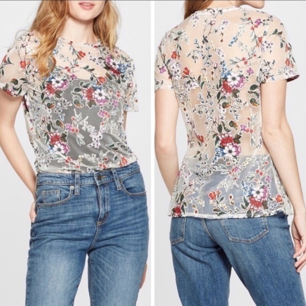 a new day White Sheer Multicolor Velvet Floral Burnout Tee Size Large